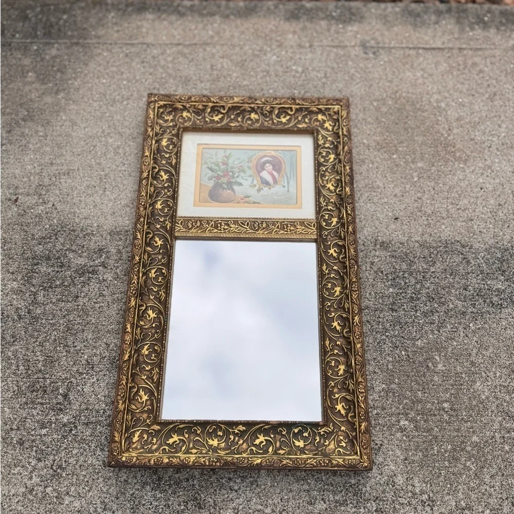 Vintage Estate Gold Framed Wall Mirror with Holiday Advertisement